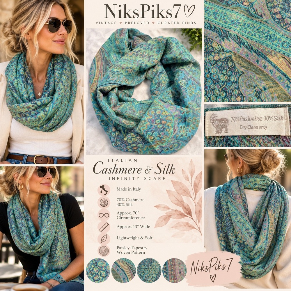 Italian Cashmere Silk Infinity Scarf 70" Turquoise Paisley Boho Luxury